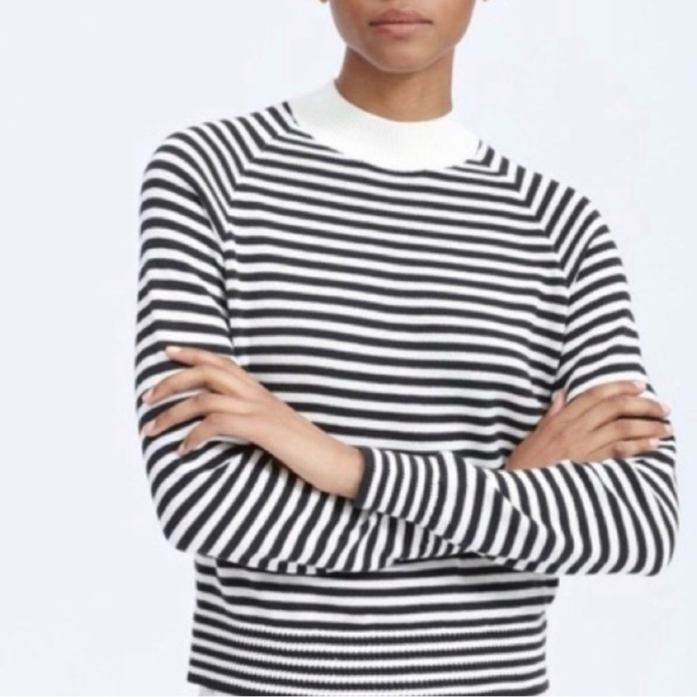 Everlane The Mock Neck Crew Sweater, Black and White Stripe, Size Small